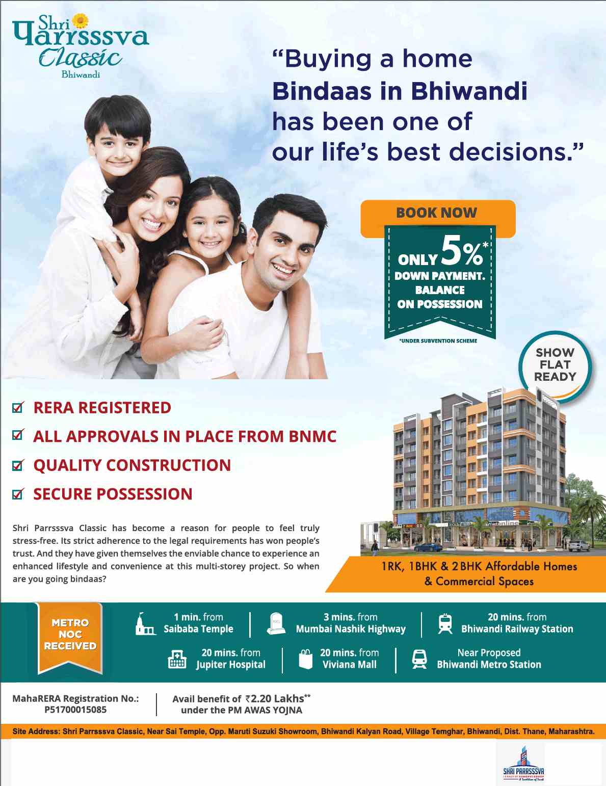 Pay only 5% down payment & balance on possession at Shri Parrsssva Classic in Mumbai